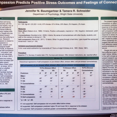 Self-compassion Predicts Positive Stress Outcomes and Feelings of Connectedness towards Others
<br /><br />
Jennifer Baumgartner, Graduate Student, Wright State University
