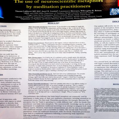 The Use of Neuroscientific Metaphors by Meditation Practitioners
<br /><br />Vincent Laliberté, MD, MA, FRCPC, Post-Doctoral Research Fellow, McGill University